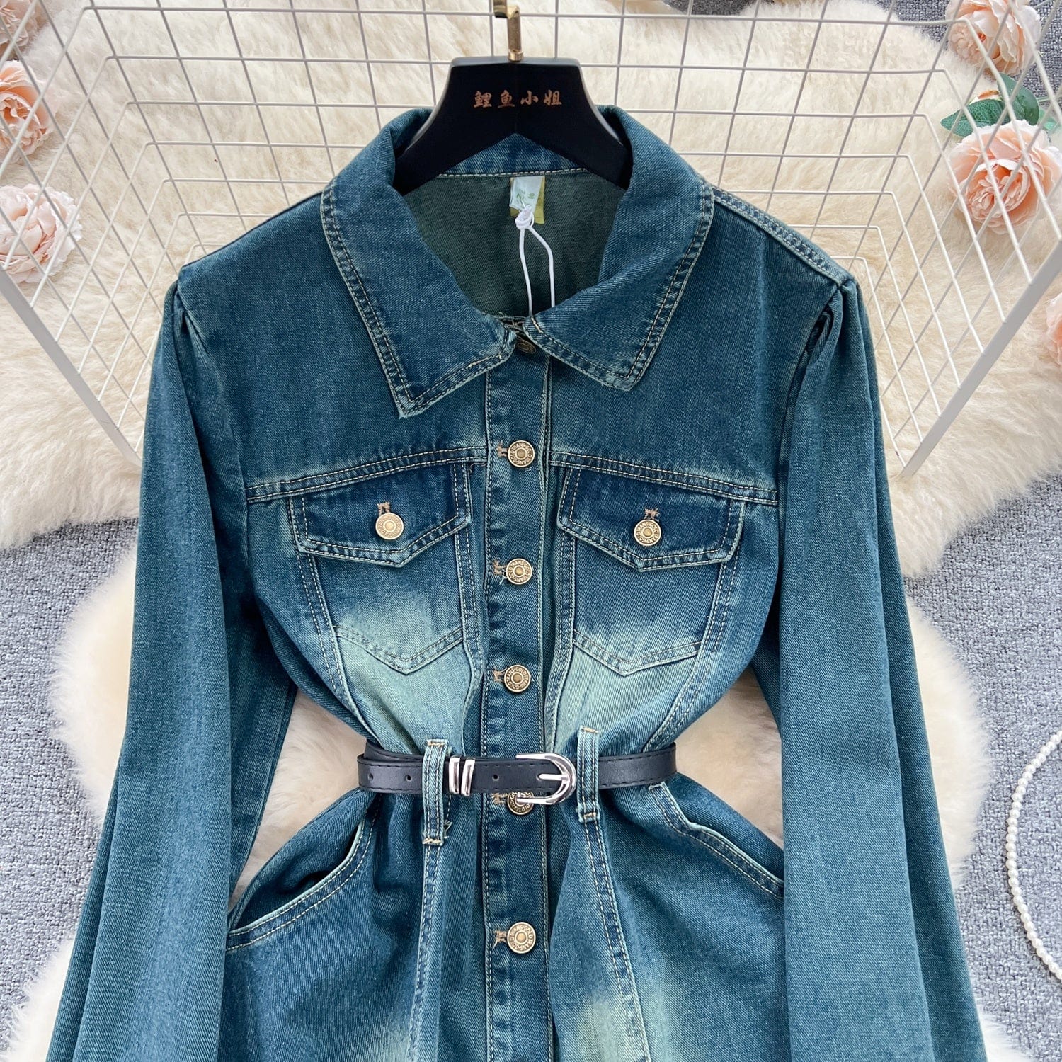 Fall New Age-Reducing Single-Breasted A-Line Dress Vintage Denim Long-Sleeved Dress Women
