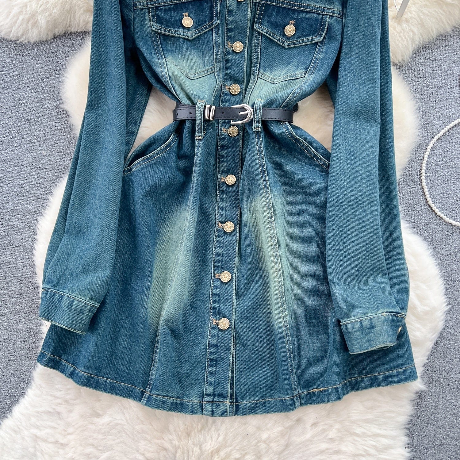 Fall New Age-Reducing Single-Breasted A-Line Dress Vintage Denim Long-Sleeved Dress Women