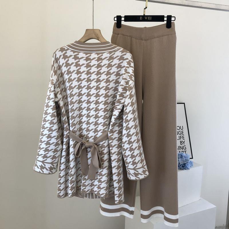 Fall New arrived 2022 women long sleeve knit fashionable sweater cardigan set with Pants 2 piece set for ladies