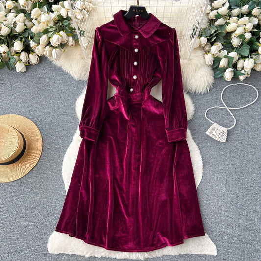 Fall New French Retro Hepburn Style Lapel Single Breasted Velvet Dress Woman