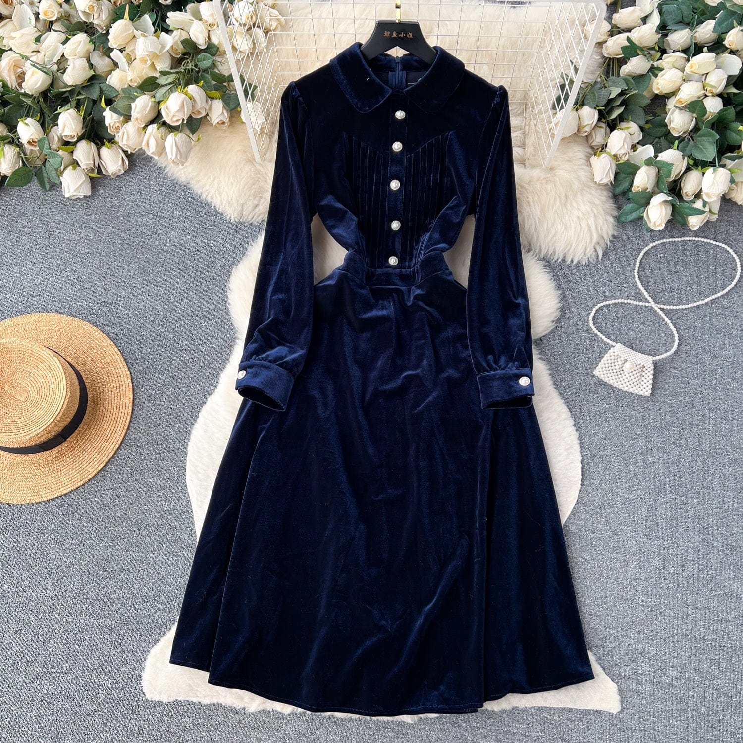 Fall New French Retro Hepburn Style Lapel Single Breasted Velvet Dress Woman