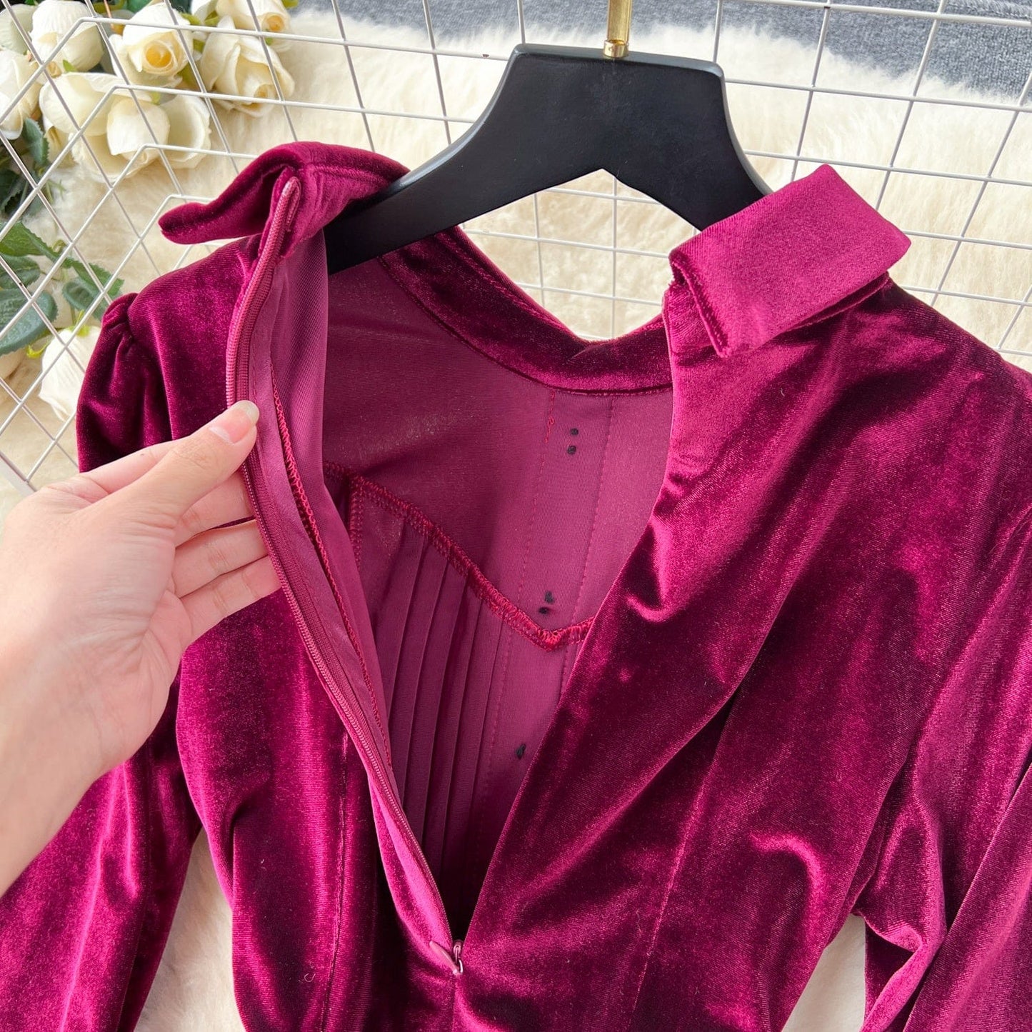 Fall New French Retro Hepburn Style Lapel Single Breasted Velvet Dress Woman