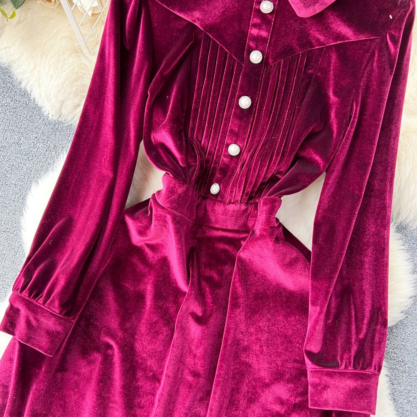 Fall New French Retro Hepburn Style Lapel Single Breasted Velvet Dress Woman