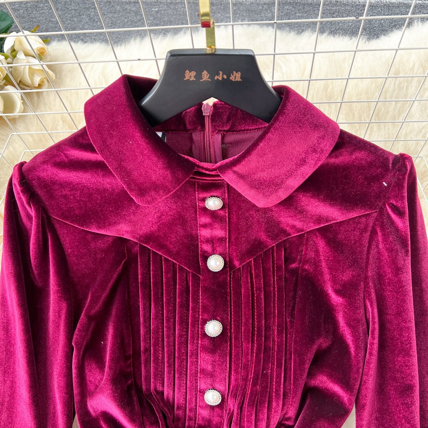 Fall New French Retro Hepburn Style Lapel Single Breasted Velvet Dress Woman