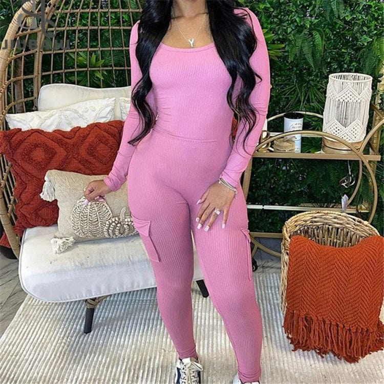 Fall Ribbed Jumpsuit Women Pants 2023 One Piece Casual Outfits O Neck Long Sleeve Bodycon Jumpsuit