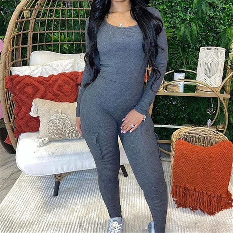 Fall Ribbed Jumpsuit Women Pants 2023 One Piece Casual Outfits O Neck Long Sleeve Bodycon Jumpsuit