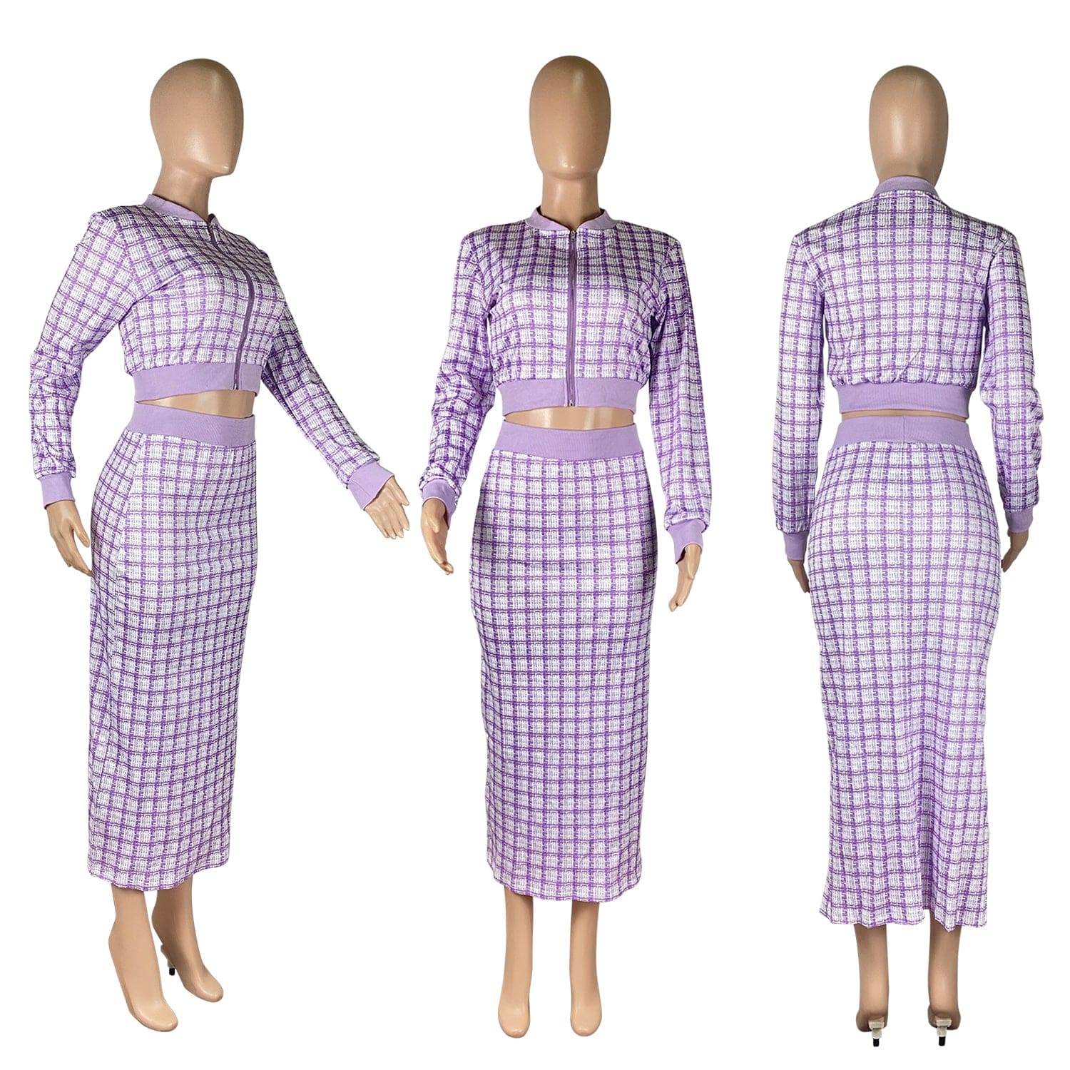 Fall Sets 2022 Printed Threaded Plaid 2 Two Piece Set Women Long Sleeve Jackets Bodycon Mid Skirts Suit