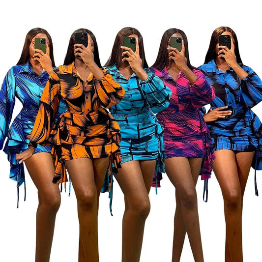 Fall Sexy New 2023 Women Clothes Abstract Striped Print Side Ruffle Mini Skirt and Long Sleeve Blouse Shirt 2 Piece Outfit Sets