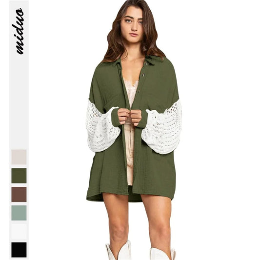 Fall Soft Rayon Loose Hollow Out Lace Women Wholesale Button Down Shirt