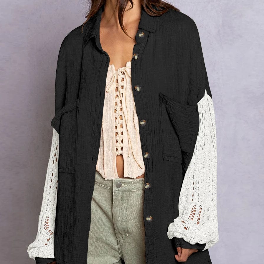 Fall Soft Rayon Loose Hollow Out Lace Women Wholesale Button Down Shirt