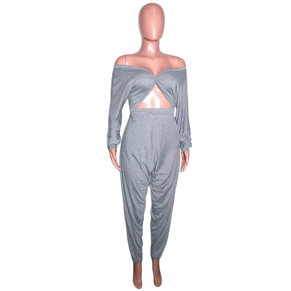 Fall Solid Long Sleeve Crop Tops Harem Pants Women's Loose Outfits Sexy Ladies Two Piece Pants Set With Pocket