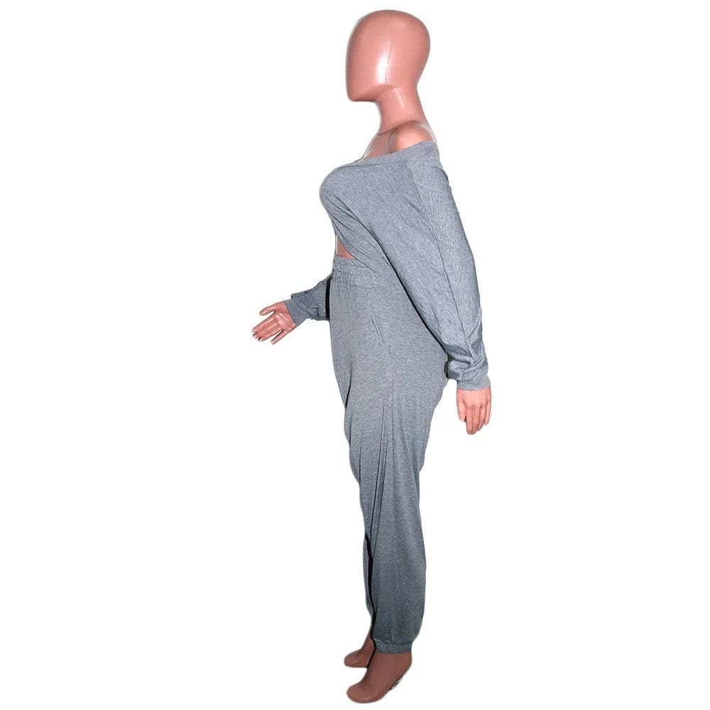 Fall Solid Long Sleeve Crop Tops Harem Pants Women's Loose Outfits Sexy Ladies Two Piece Pants Set With Pocket