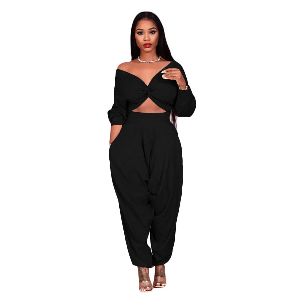 Fall Solid Long Sleeve Crop Tops Harem Pants Women's Loose Outfits Sexy Ladies Two Piece Pants Set With Pocket