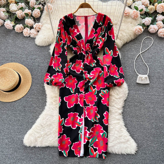 Fall Spring Fashion Relax Women's Midi-length V-neck Long Sleeve Floral Print Sashes Slit Pencil Dress