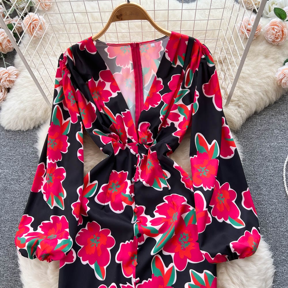Fall Spring Fashion Relax Women's Midi-length V-neck Long Sleeve Floral Print Sashes Slit Pencil Dress