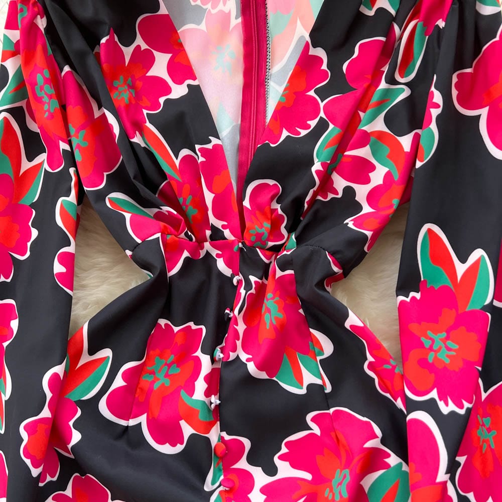 Fall Spring Fashion Relax Women's Midi-length V-neck Long Sleeve Floral Print Sashes Slit Pencil Dress