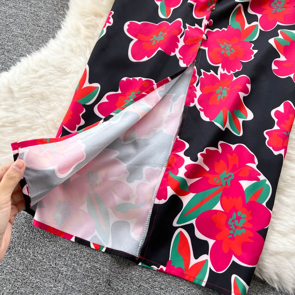 Fall Spring Fashion Relax Women's Midi-length V-neck Long Sleeve Floral Print Sashes Slit Pencil Dress