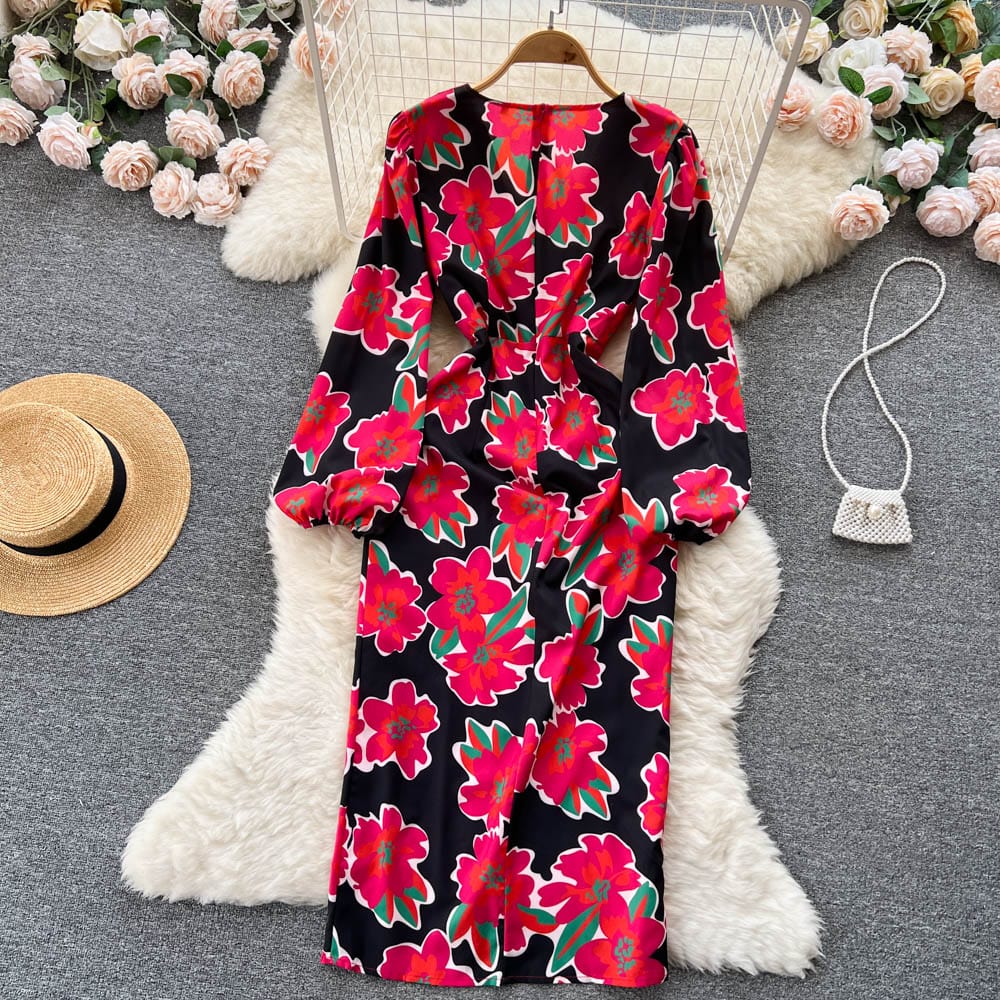 Fall Spring Fashion Relax Women's Midi-length V-neck Long Sleeve Floral Print Sashes Slit Pencil Dress