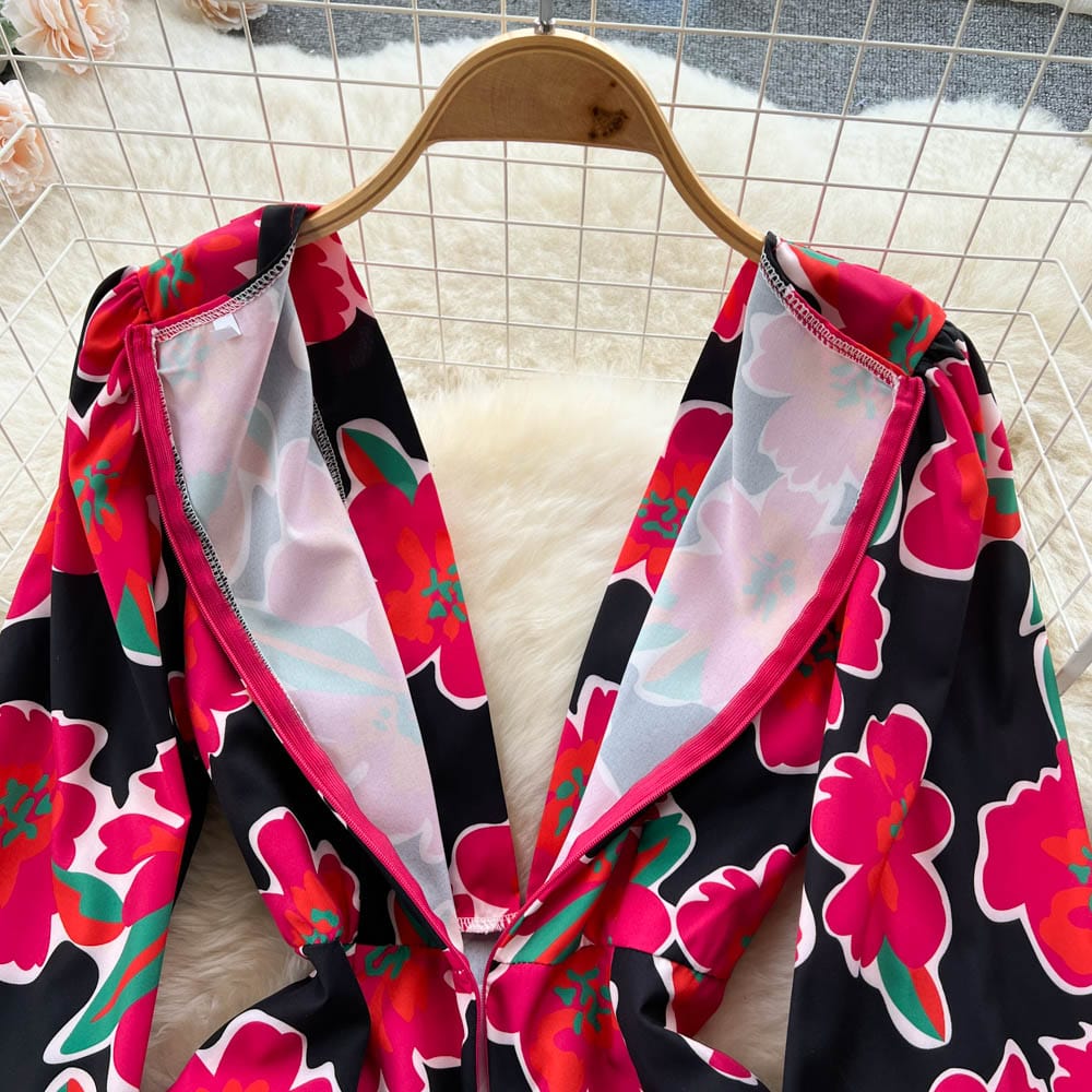 Fall Spring Fashion Relax Women's Midi-length V-neck Long Sleeve Floral Print Sashes Slit Pencil Dress