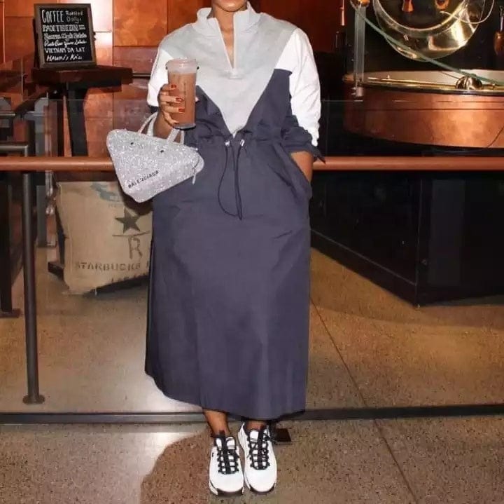 Fall spring fashion trendy ladies elegant patchwork sweatshirt dress drawstring waist long sleeve women casual dresses