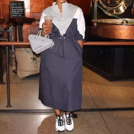 Fall spring fashion trendy ladies elegant patchwork sweatshirt dress drawstring waist long sleeve women casual dresses