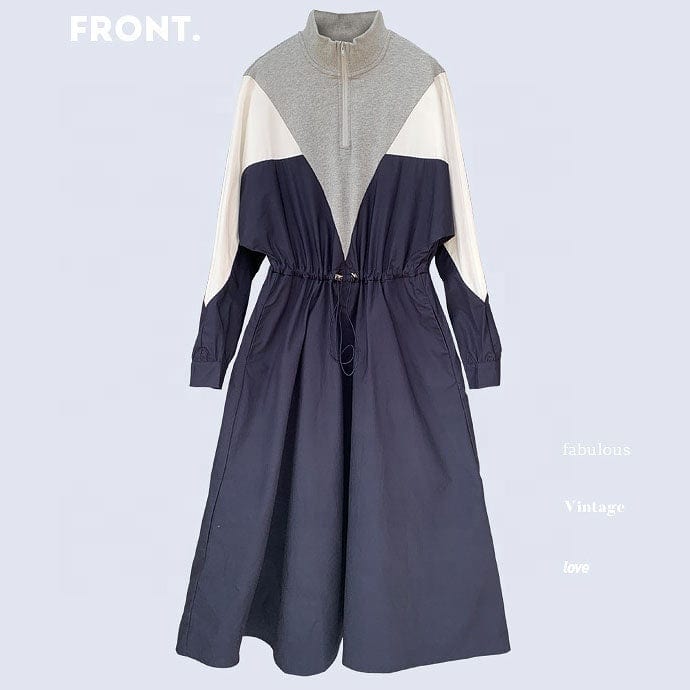 Fall spring fashion trendy ladies elegant patchwork sweatshirt dress drawstring waist long sleeve women casual dresses