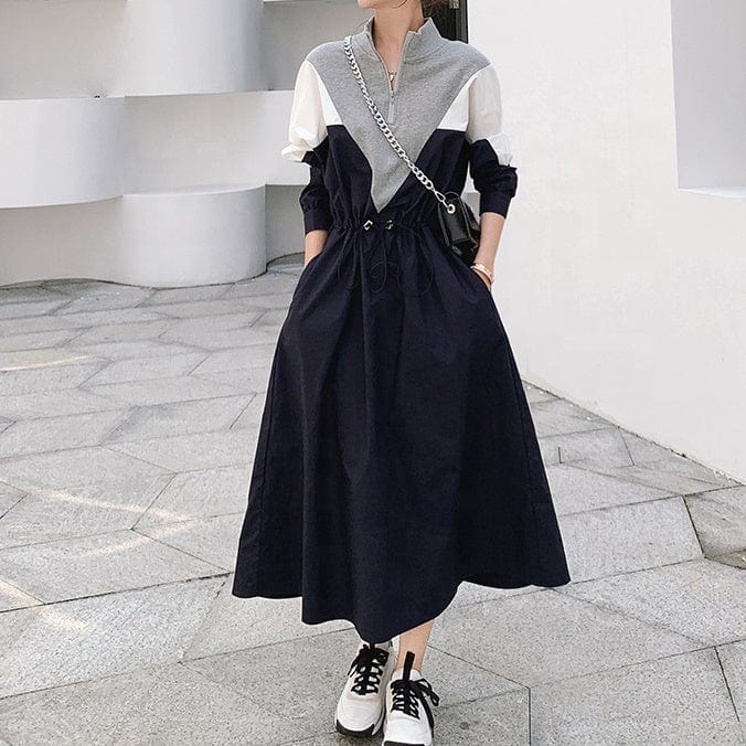 Fall spring fashion trendy ladies elegant patchwork sweatshirt dress drawstring waist long sleeve women casual dresses