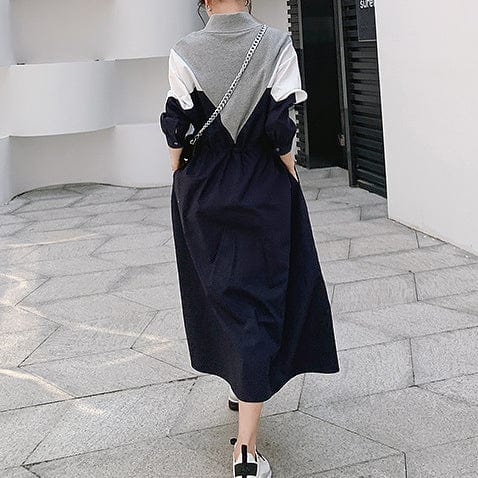 Fall spring fashion trendy ladies elegant patchwork sweatshirt dress drawstring waist long sleeve women casual dresses