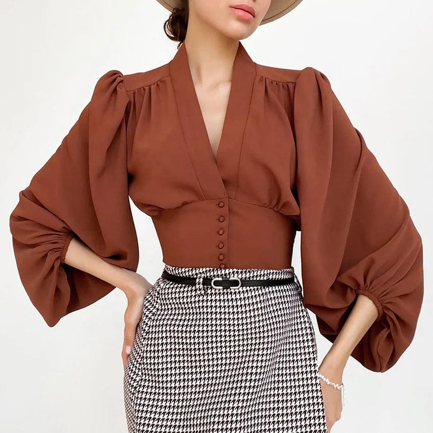 Fall Spring New Vintage V Neck Ladies Elegant Shirt Slim Puff Long Sleeve Cropped Women Blouse Tops
