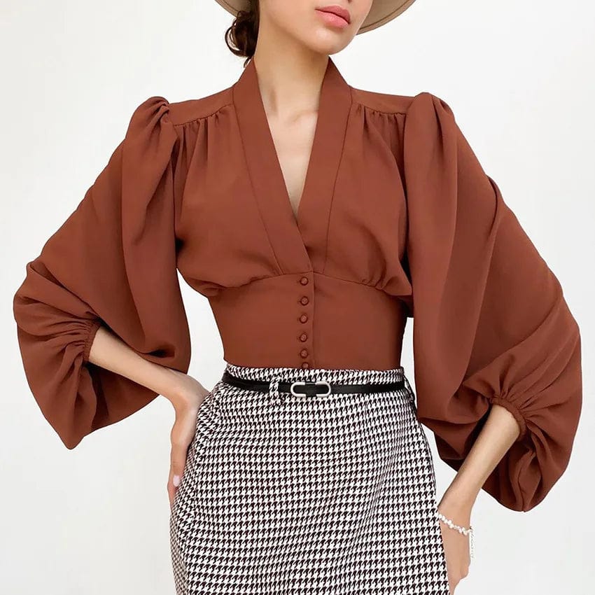 Fall Spring New Vintage V Neck Ladies Elegant Shirt Slim Puff Long Sleeve Cropped Women Blouse Tops