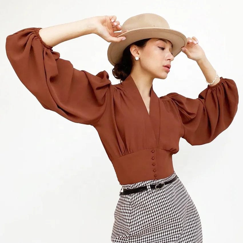 Fall Spring New Vintage V Neck Ladies Elegant Shirt Slim Puff Long Sleeve Cropped Women Blouse Tops