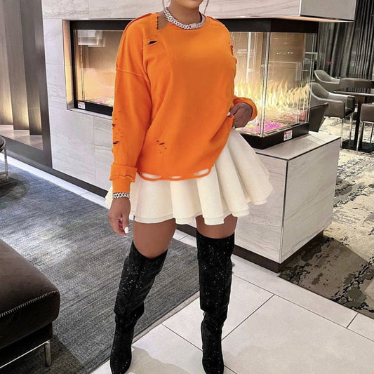 Fall streetwear ladies vintage distressed pullover sweatshirt fashionable plain blank crew neck sweatshirt for women