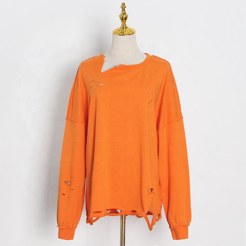 Fall streetwear ladies vintage distressed pullover sweatshirt fashionable plain blank crew neck sweatshirt for women