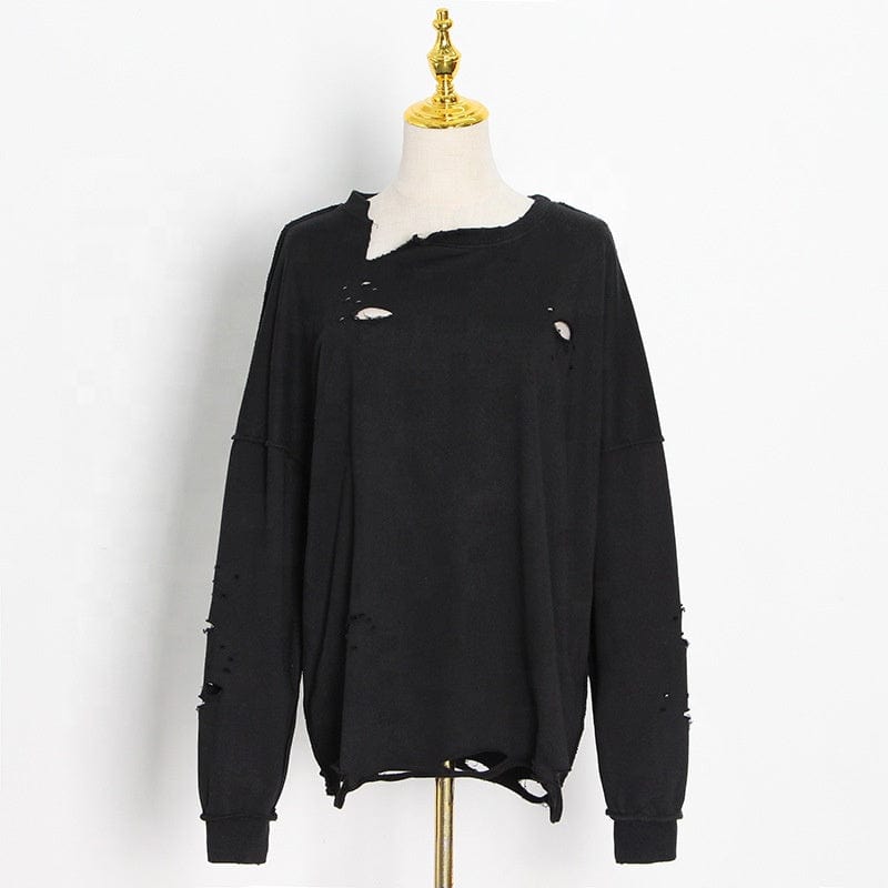 Fall streetwear ladies vintage distressed pullover sweatshirt fashionable plain blank crew neck sweatshirt for women