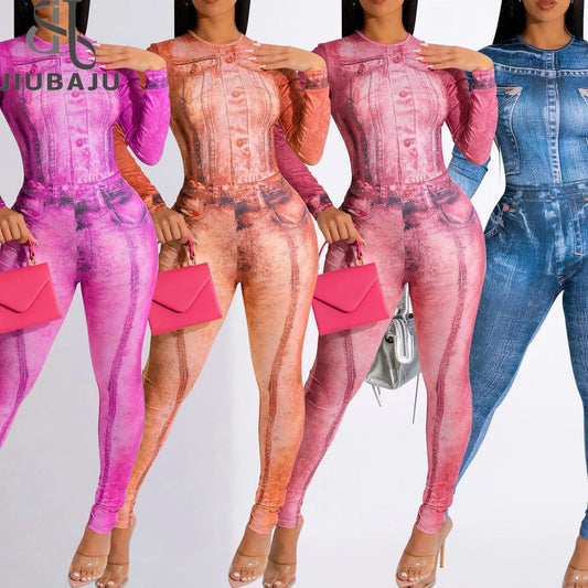 Fall Style Long Sleeve Jumpsuit With Bodycon Legging Set Fashion Printed Two Piece Lounge Wear Women Sets