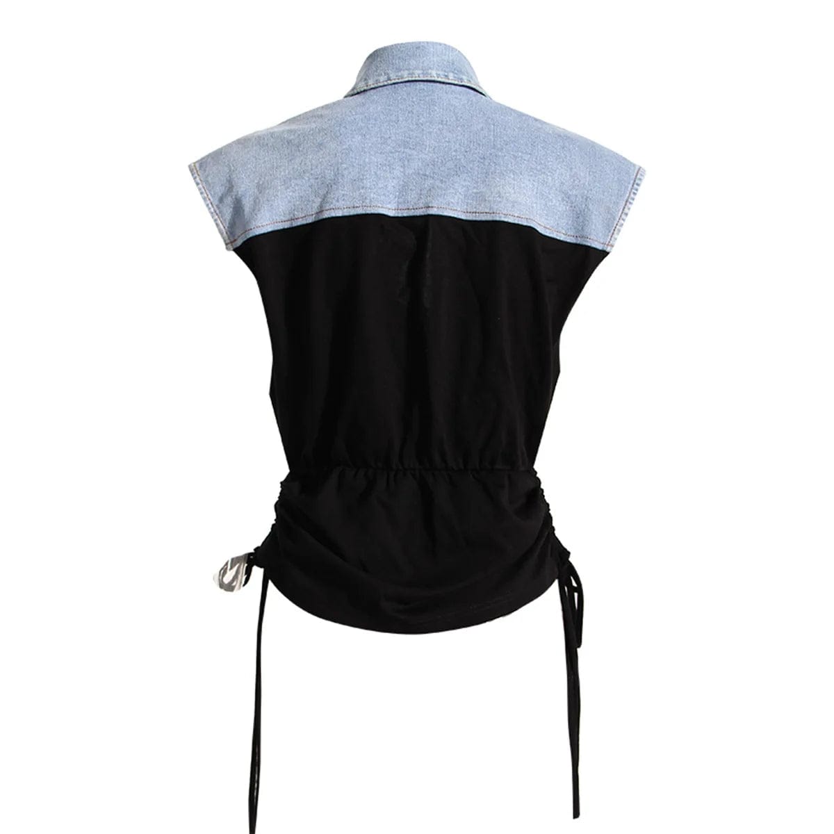 Fall Summer fashion Women Drawstring Sleeveless Patchwork Denim Shirt Vest Tops Casual Ladies Blouses