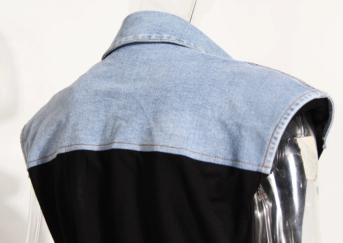 Fall Summer fashion Women Drawstring Sleeveless Patchwork Denim Shirt Vest Tops Casual Ladies Blouses