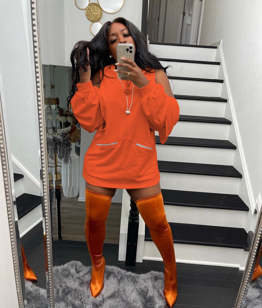 Fall Trendy Zipper Solid Color Hooded Pullover Sweater Women Casual Hollow Out Solid Midi Sweatshirt Dress