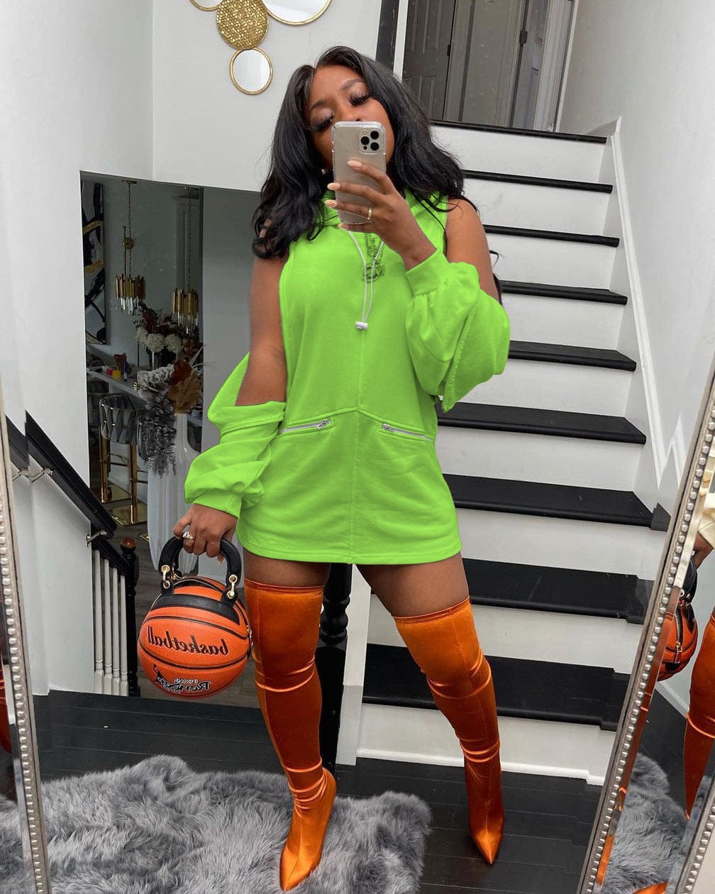 Fall Trendy Zipper Solid Color Hooded Pullover Sweater Women Casual Hollow Out Solid Midi Sweatshirt Dress