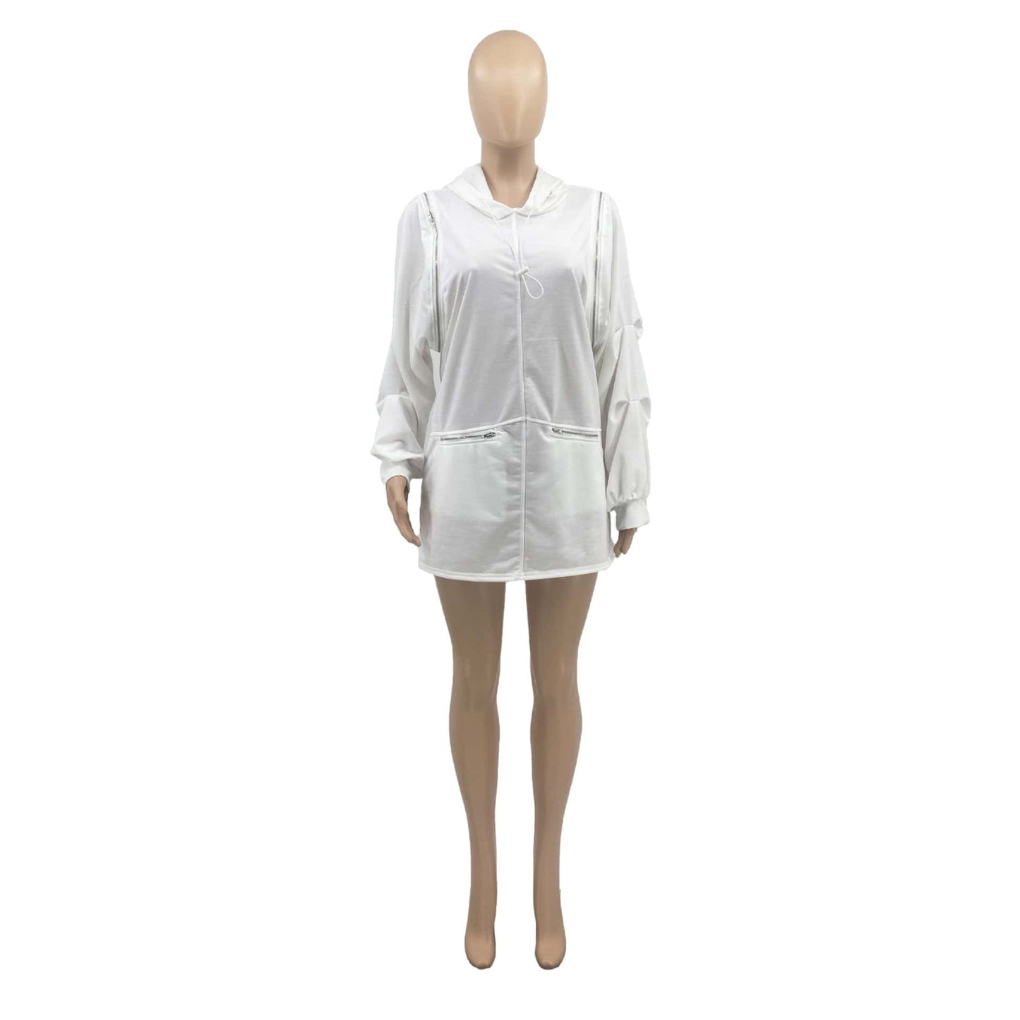 Fall Trendy Zipper Solid Color Hooded Pullover Sweater Women Casual Hollow Out Solid Midi Sweatshirt Dress