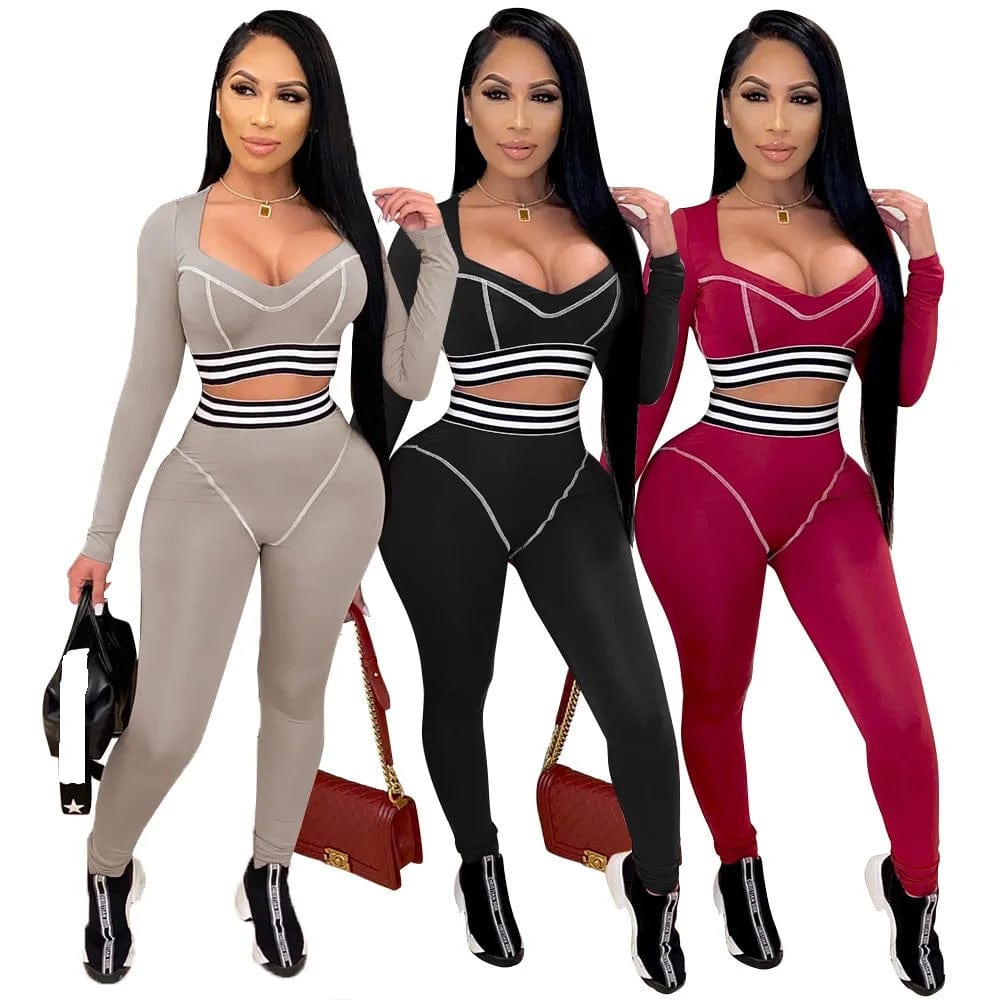 Fall Two Piece Pants Set Yoga Suits Fitness Women Exercise Workout 2 Pcs Long Sleeve Sexy Cropped Top Legging Outfit Sport Wear