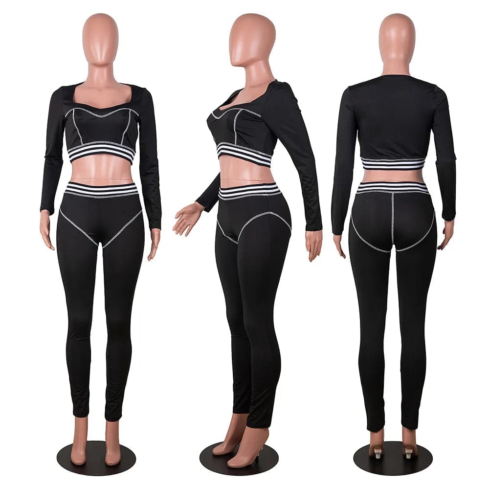 Fall Two Piece Pants Set Yoga Suits Fitness Women Exercise Workout 2 Pcs Long Sleeve Sexy Cropped Top Legging Outfit Sport Wear