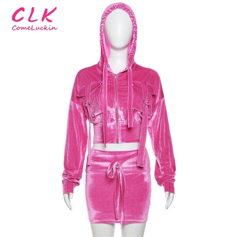 Fall Velvet 2 Two Piece Sets Tracksuit Womens Outfits 2023 Long Sleeve Zip Up Hoodies Pocket Skirt Sets