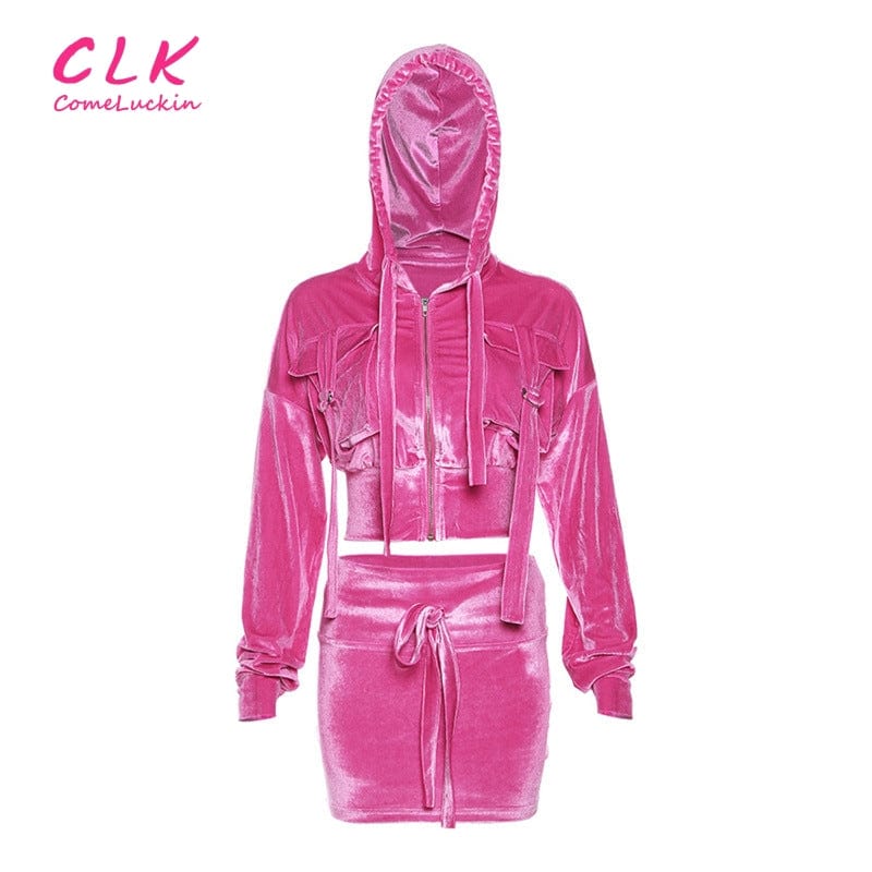 Fall Velvet 2 Two Piece Sets Tracksuit Womens Outfits 2023 Long Sleeve Zip Up Hoodies Pocket Skirt Sets