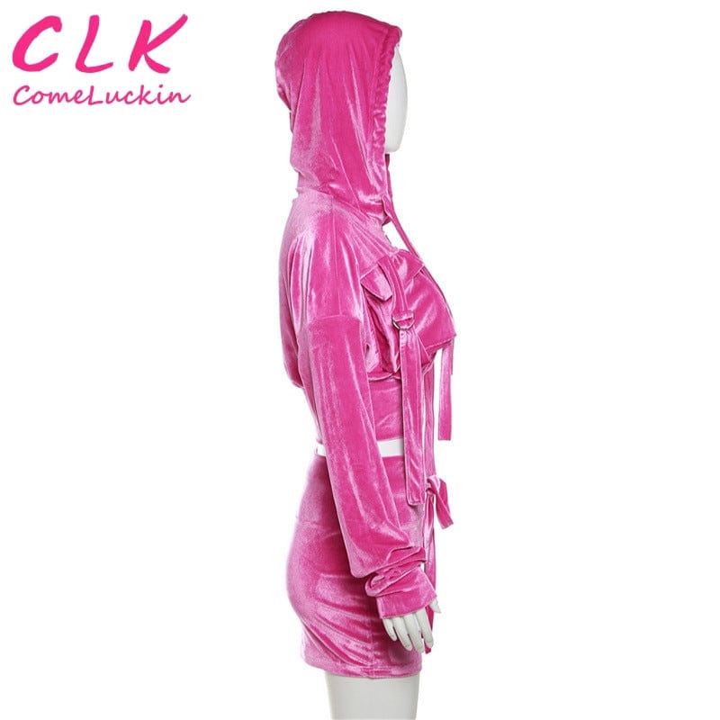 Fall Velvet 2 Two Piece Sets Tracksuit Womens Outfits 2023 Long Sleeve Zip Up Hoodies Pocket Skirt Sets