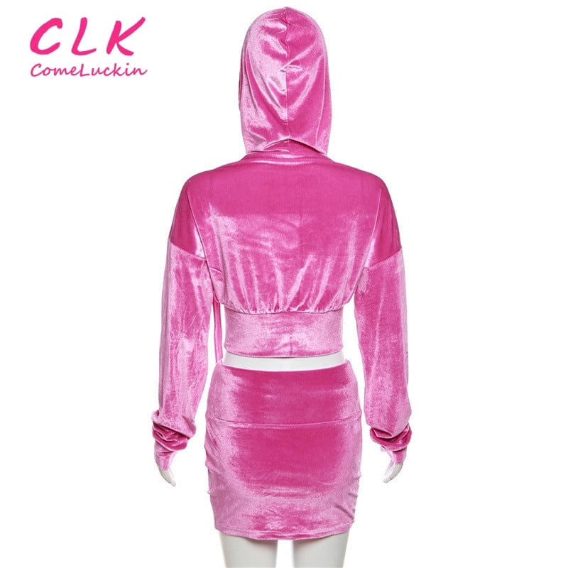 Fall Velvet 2 Two Piece Sets Tracksuit Womens Outfits 2023 Long Sleeve Zip Up Hoodies Pocket Skirt Sets