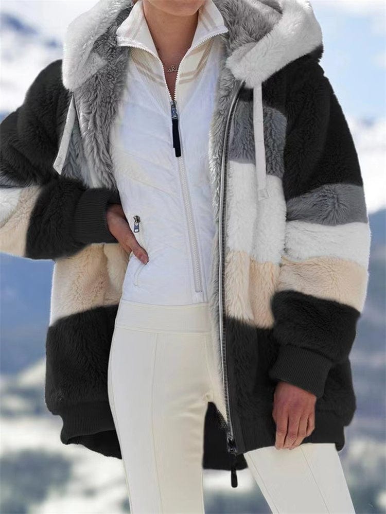 Fall Winter 2022 Warm Plush Patchwork Zipper Pocket Hooded Loose Coat Plus Size Women's Jacket