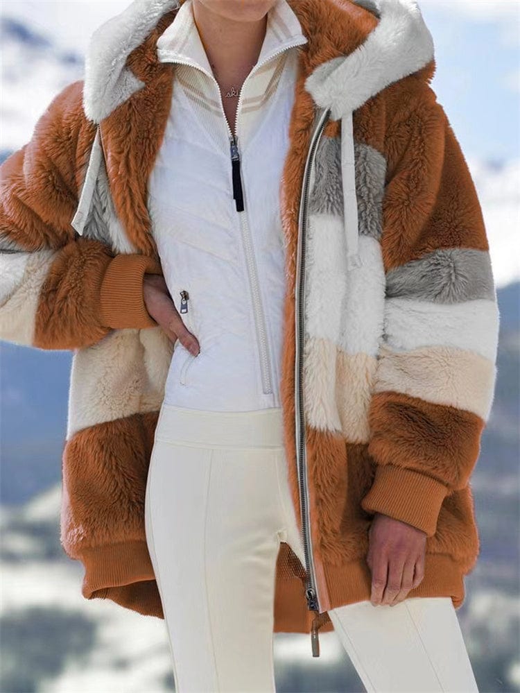 Fall Winter 2022 Warm Plush Patchwork Zipper Pocket Hooded Loose Coat Plus Size Women's Jacket