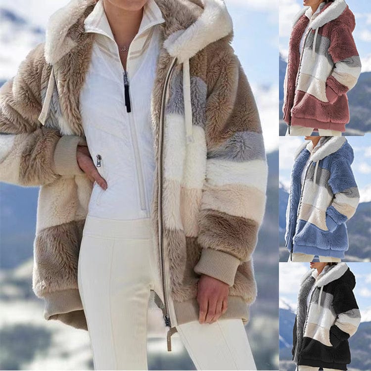 Fall Winter 2022 Warm Plush Patchwork Zipper Pocket Hooded Loose Coat Plus Size Women's Jacket