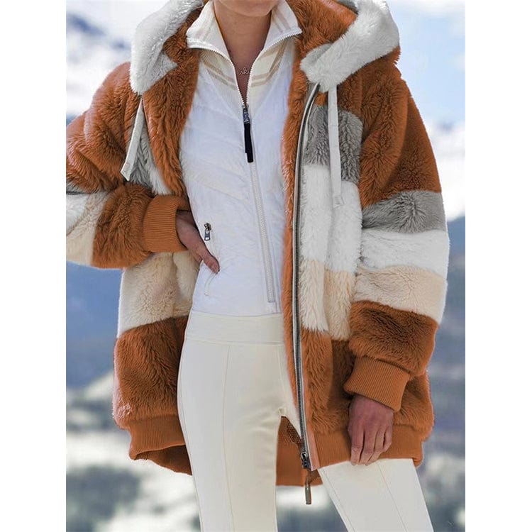 Fall Winter 2022 Warm Plush Patchwork Zipper Pocket Hooded Loose Coat Plus Size Women's Jacket